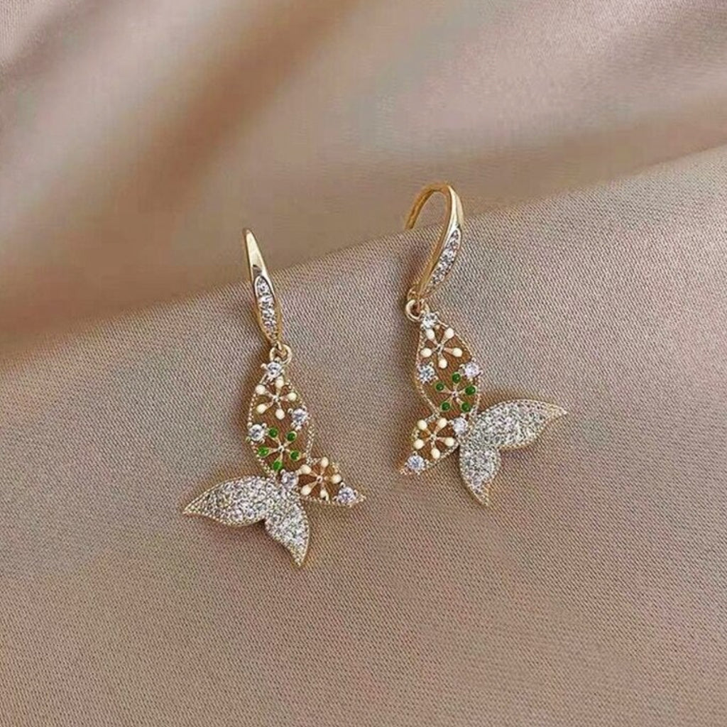 Sommerfugle øreringe med zirkonia og grøn krystal i guld