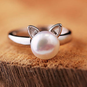 Sølv kat ring med perle