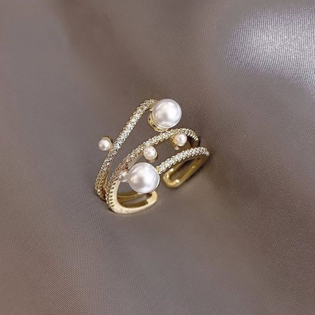 Luksus justerbar ring med perler og zirkoner i guld
