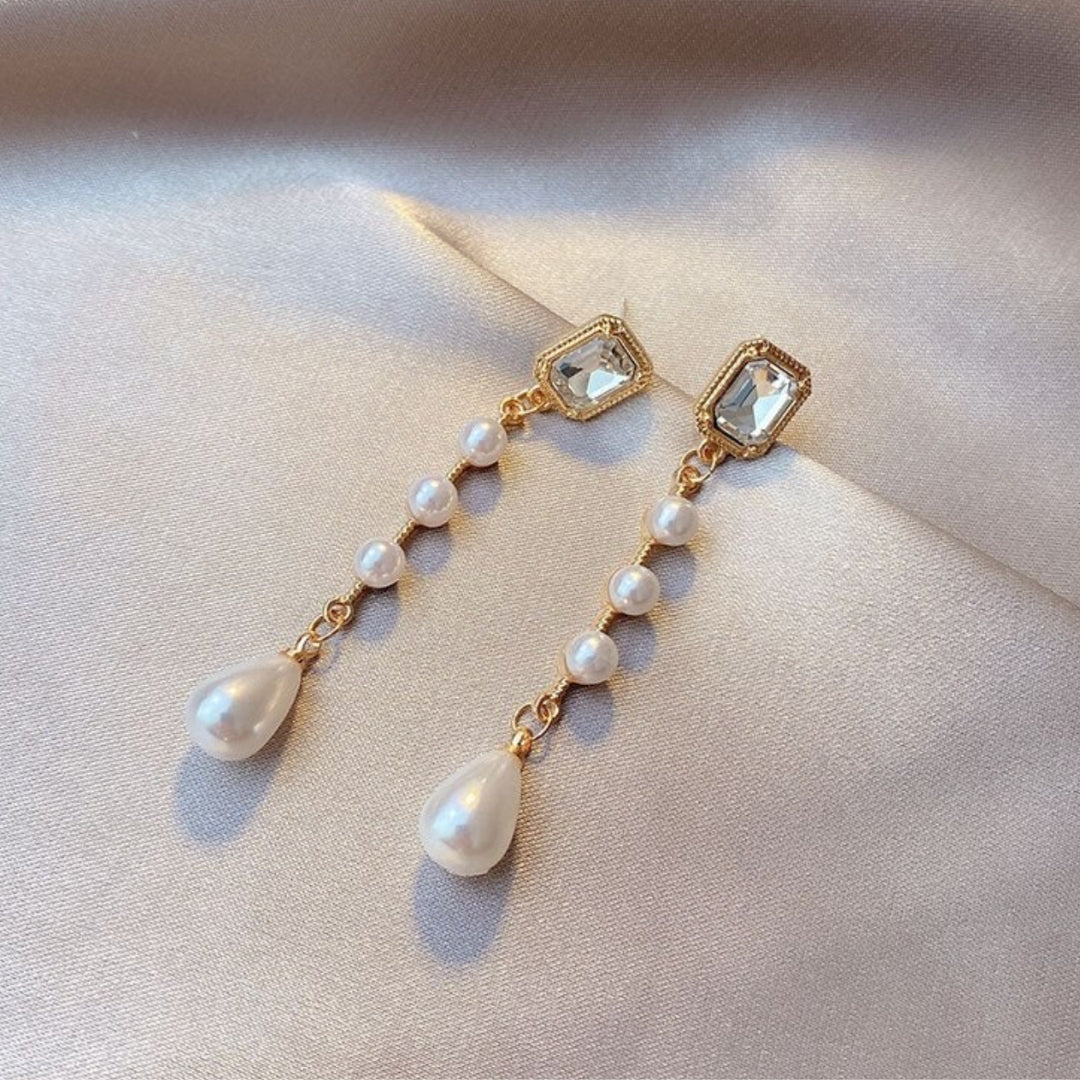 Perle vedhæng øreringe med zirkonia i guld