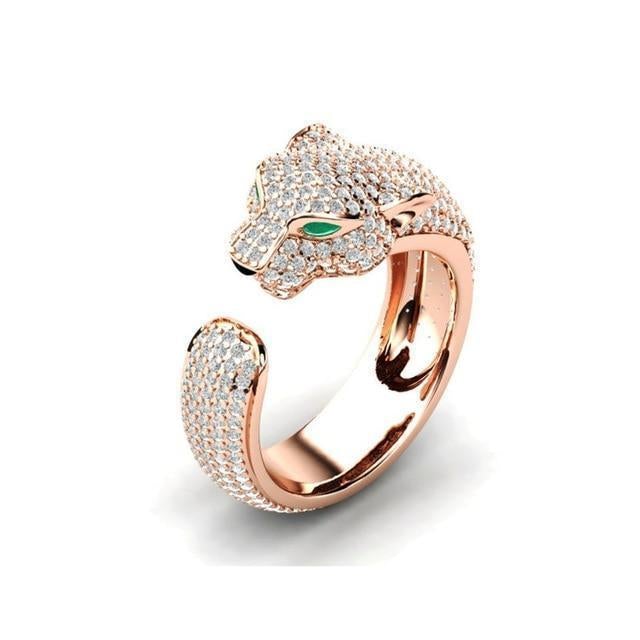 Justerbar Jaguar Ring i 18K Sølv og Rosa Guld med Grønne Zirkonia øjne